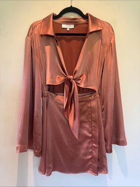 L'Academie Satin Long Sleeve Tie-Front Dress in Rose Copper